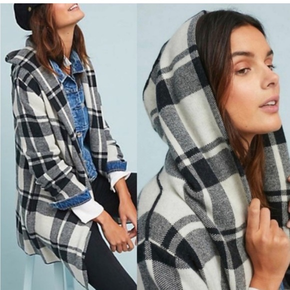 Anthropologie Jackets & Blazers - Anthropologie Field Flower womans black & white Plaid 100% Wool hoodie jacket  L